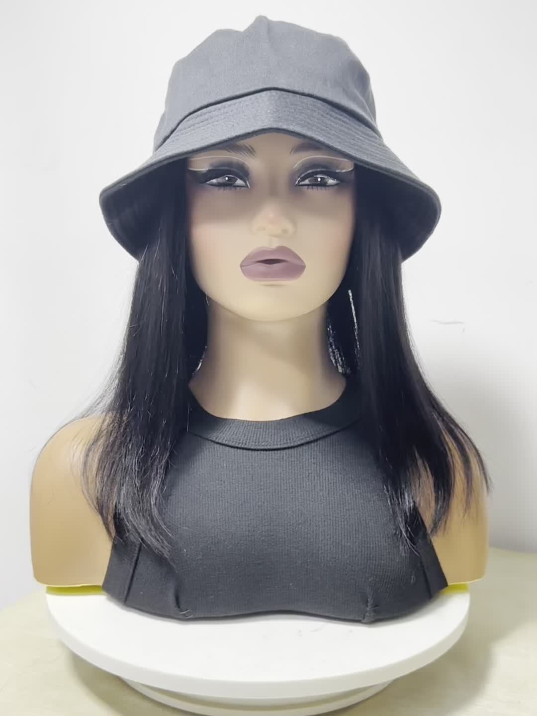 Short Straight Bob Hat Wig For Women Human Hair Bucket Hat Wig With Hair Extensions Attached For Women Girl Daily Wear Natural Black BY SMOOTHWIGS
