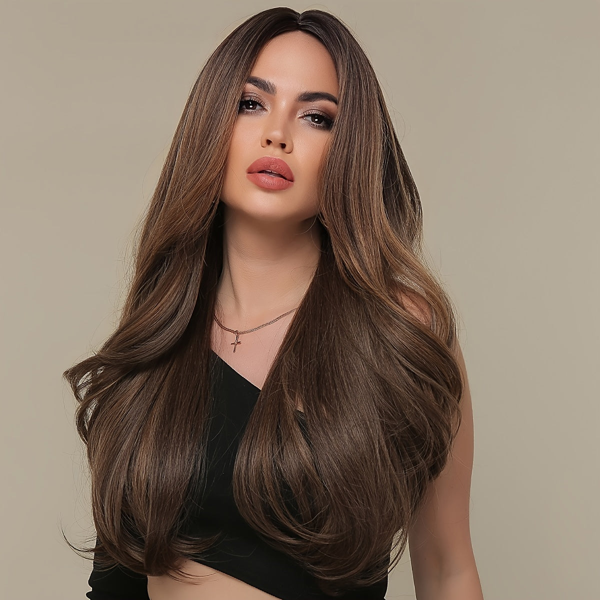 Long Wavy Brown Wig - Natural Style Synthetic Wig with Bangs and Curly Hair for Women