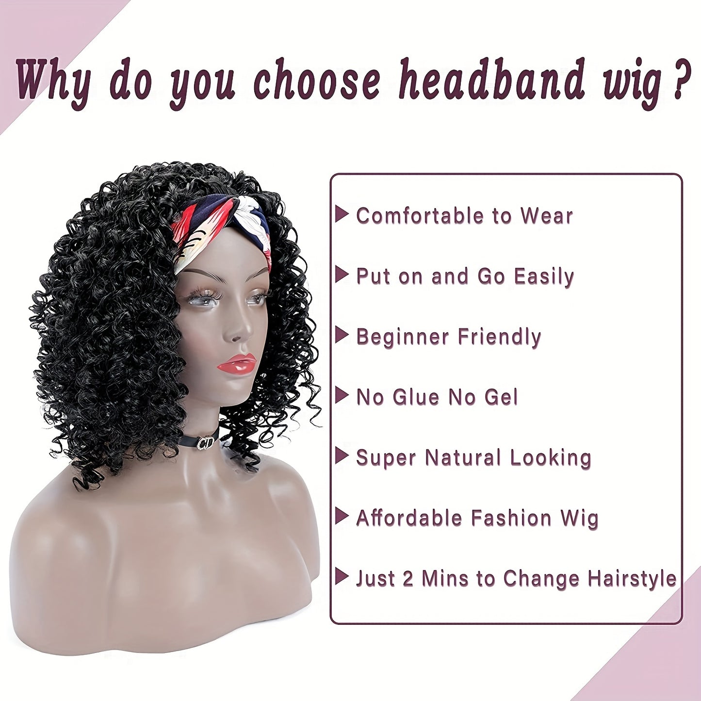 Headband Wigs 14 Inch Kinky Curly Headband Wigs For Women Synthetic Half Wig With Headband Attached No Lace Natural Black Curly Headband Wigs For Cosplay Party Daily Use
